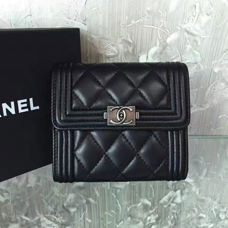 2017 Boy Chanel Matelasse Tri-Fold Wallet Original Lambskin Leather A92115 Black