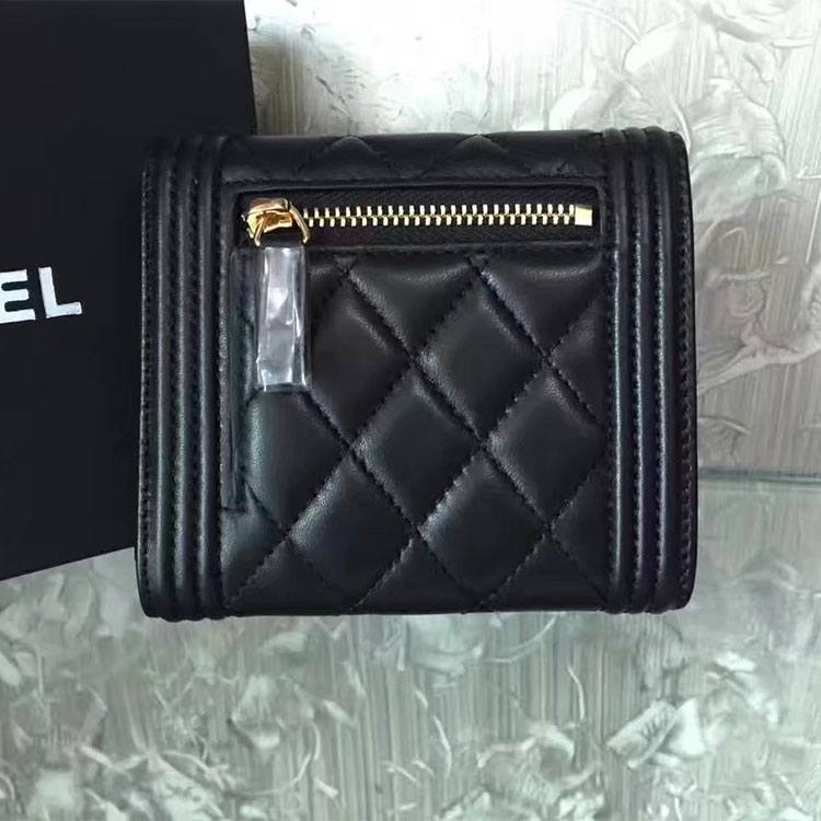 2017 Boy Chanel Matelasse Tri-Fold Wallet Original Lambskin Leather A92115 Black