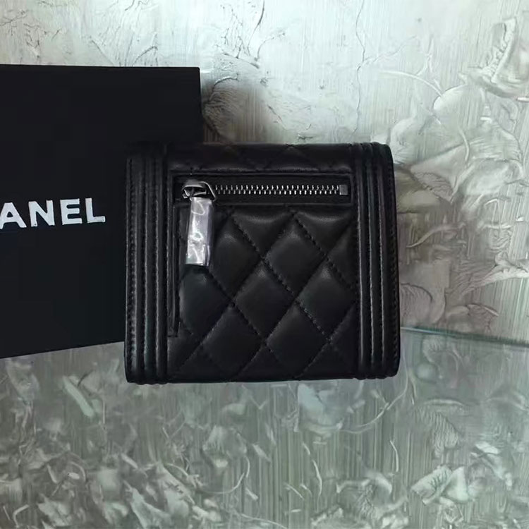 2017 Boy Chanel Matelasse Tri-Fold Wallet Original Lambskin Leather A92115 Black