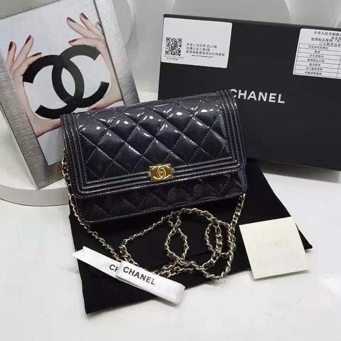 2017 Boy Chanel WOC mini Flap Bag Black Original Patent leather A80287