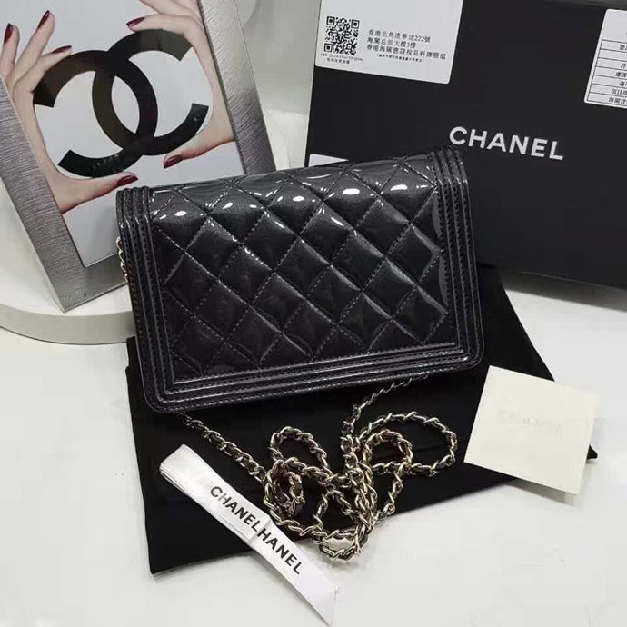 2017 Boy Chanel WOC mini Flap Bag Black Original Patent leather A80287