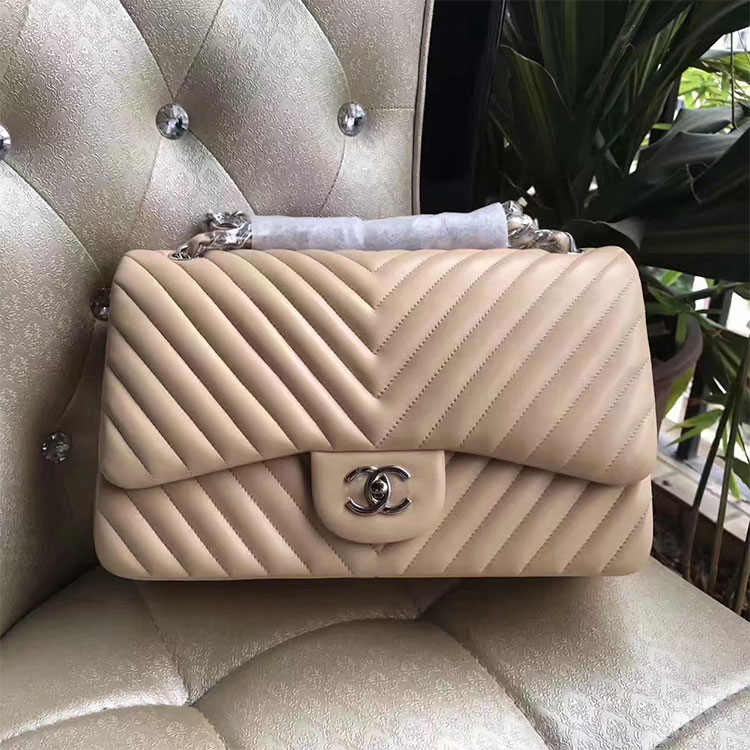 2017 Chanel Classic Flap Bag 1113 Apricot Original Sheekskin leather Silver Hardware