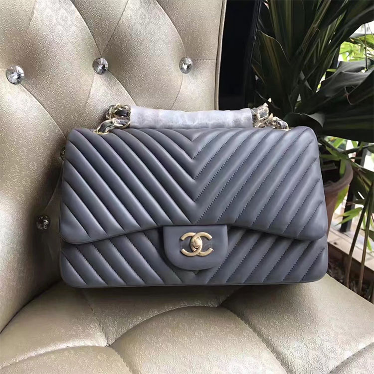 2017 Chanel Classic Flap Bag 1113 Grey Original Sheekskin leather Gold Hardware