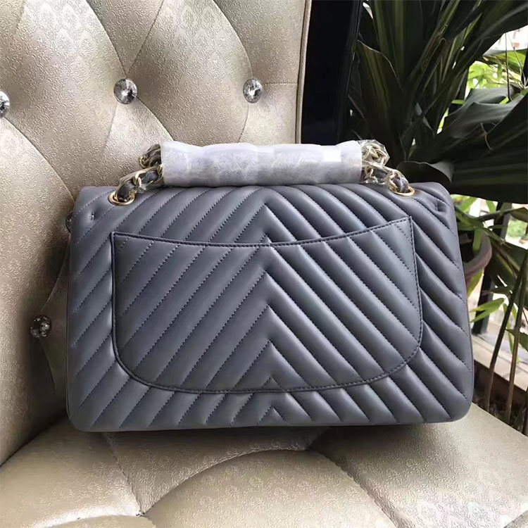 2017 Chanel Classic Flap Bag 1113 Grey Original Sheekskin leather Gold Hardware