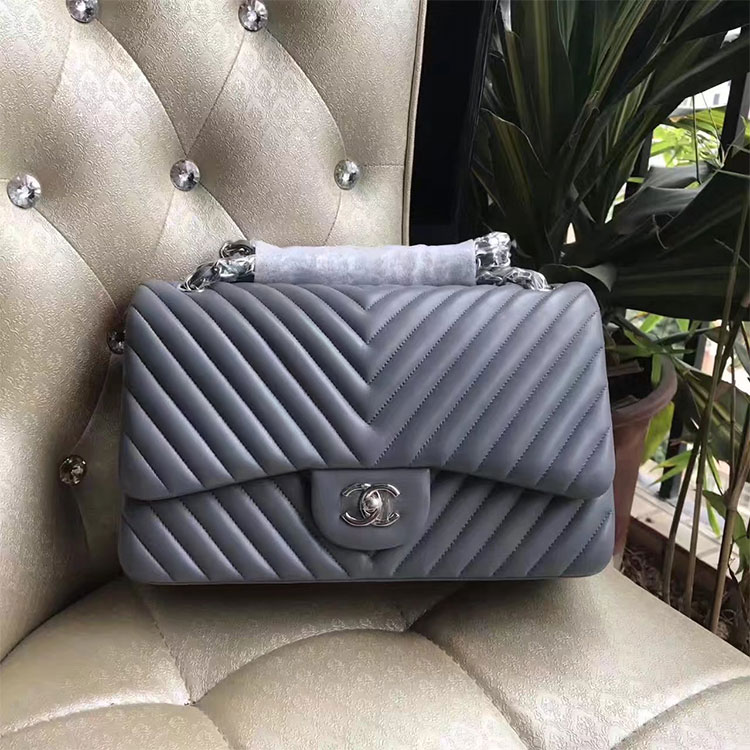 2017 Chanel Classic Flap Bag 1113 Grey Original Sheekskin leather Silver Hardware