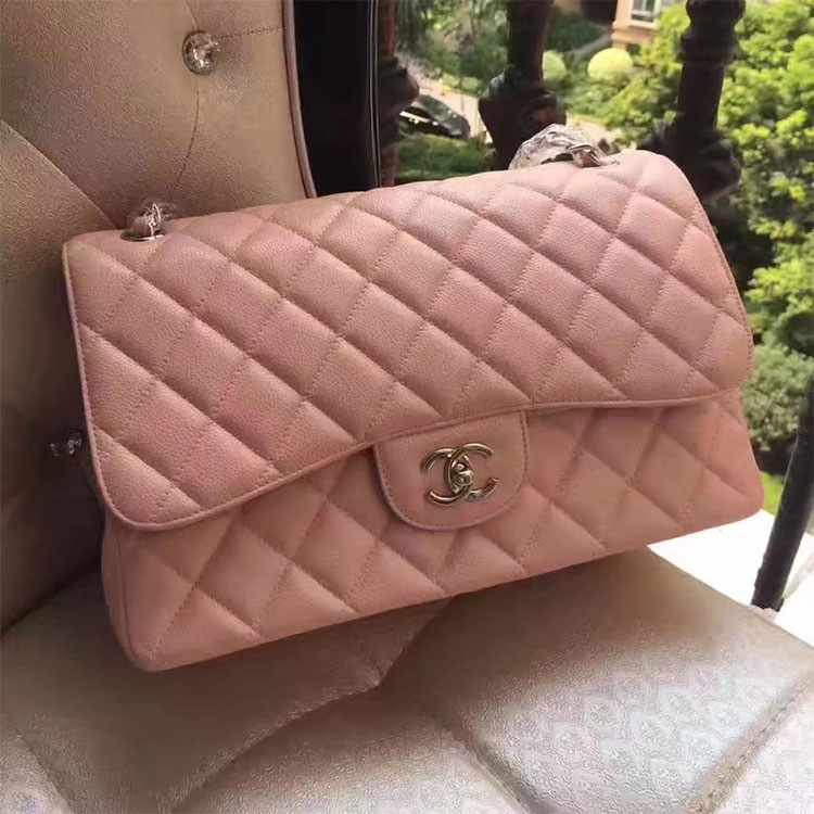 2017 Chanel Classic Flap Bag 1113 Pink Original Caviar leather Silver Hardware