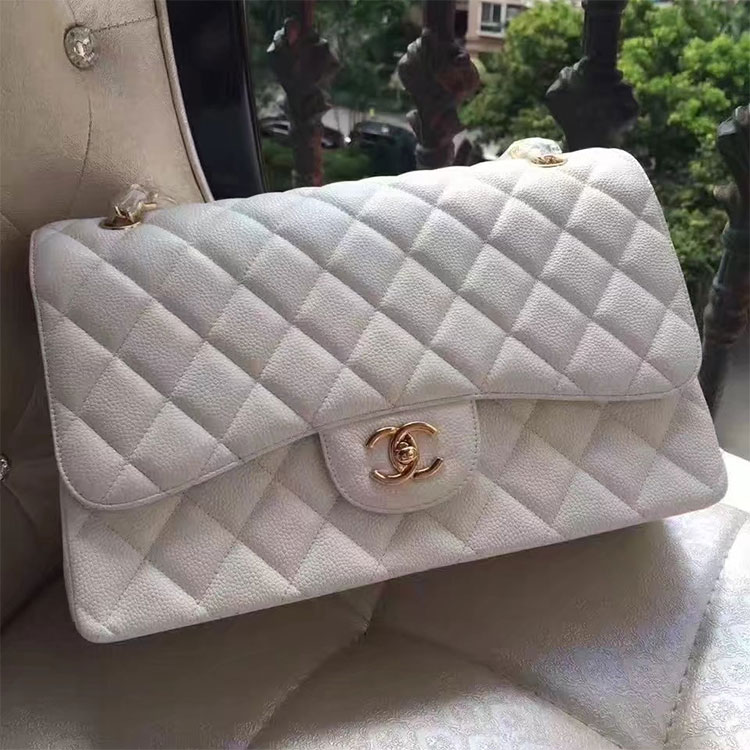 2017 Chanel Classic Flap Bag 1113 White Original Caviar leather Gold Hardware