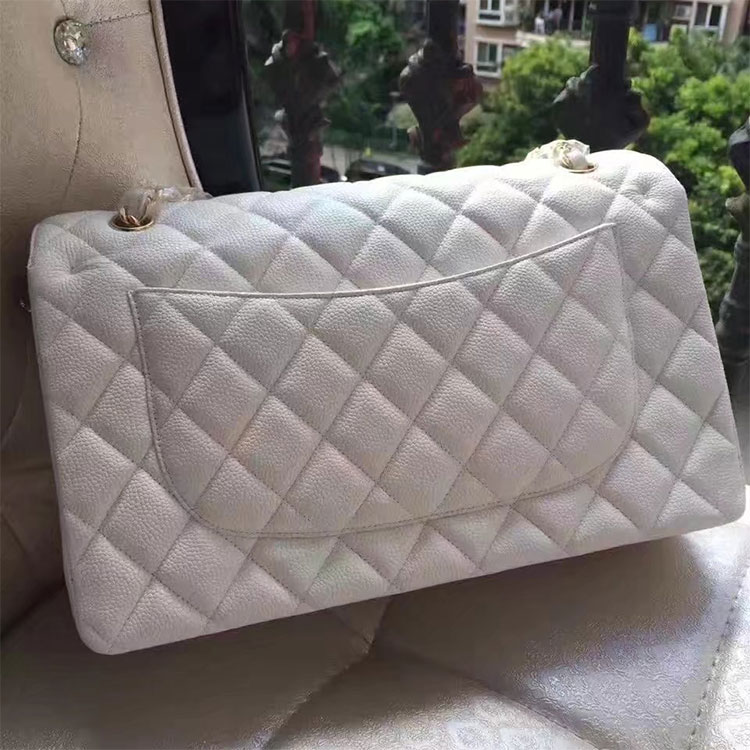 2017 Chanel Classic Flap Bag 1113 White Original Caviar leather Gold Hardware