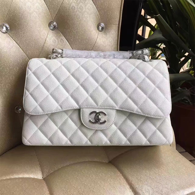 2017 Chanel Classic Flap Bag 1113 White Original Caviar leather Silver Hardware