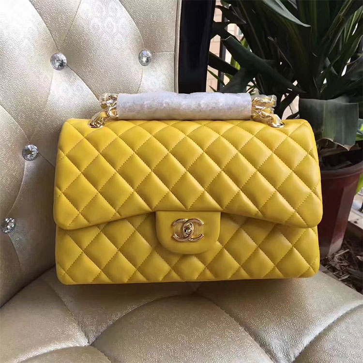 2017 Chanel Classic Flap Bag 1113 Yellow Original Sheekskin leather Gold Hardware