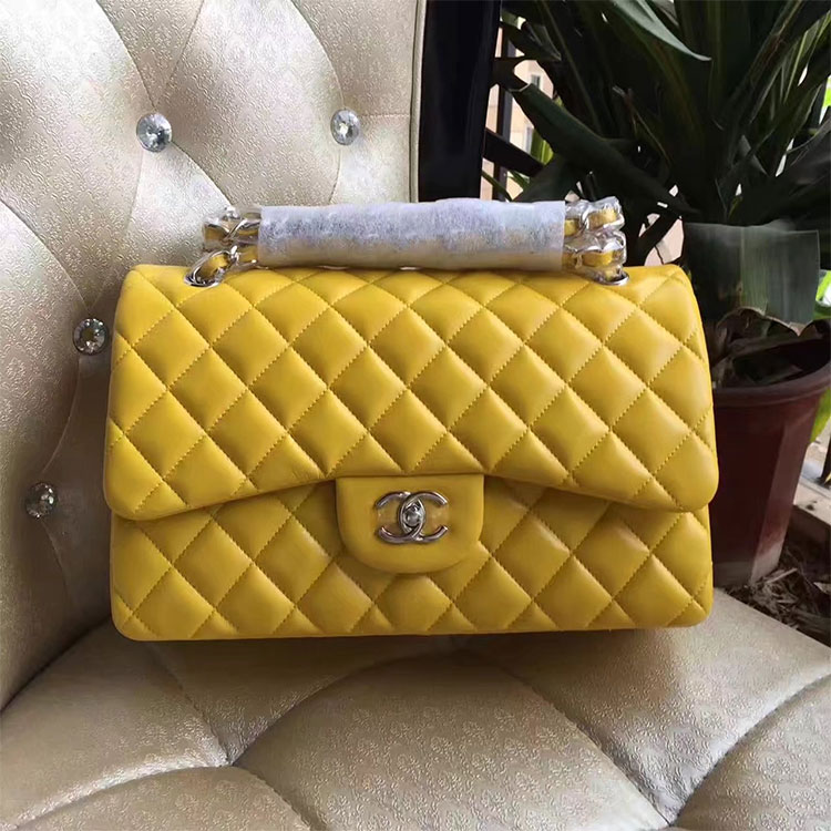 2017 Chanel Classic Flap Bag 1113 Yellow Original Sheekskin leather Silver Hardware