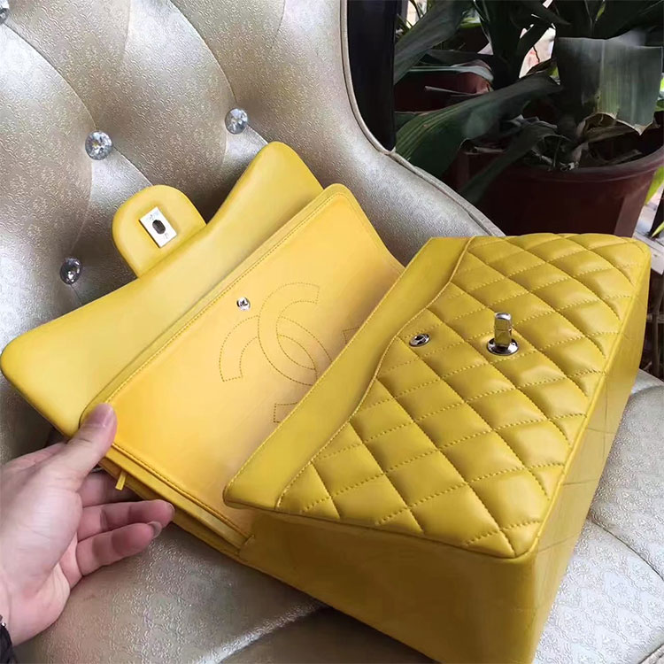 2017 Chanel Classic Flap Bag 1113 Yellow Original Sheekskin leather Silver Hardware