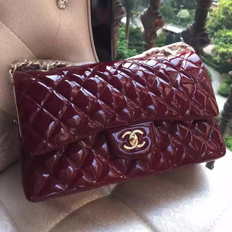 2017 Chanel Classic Flap Bag Original Burgundy Patent Leather 1113 Gold hardware