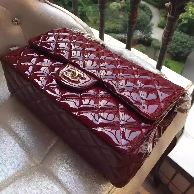 2017 Chanel Classic Flap Bag Original Burgundy Patent Leather 1113 Gold hardware