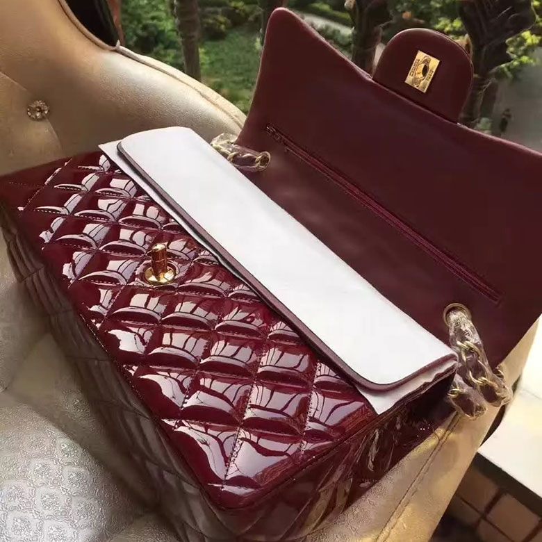 2017 Chanel Classic Flap Bag Original Burgundy Patent Leather 1113 Gold hardware