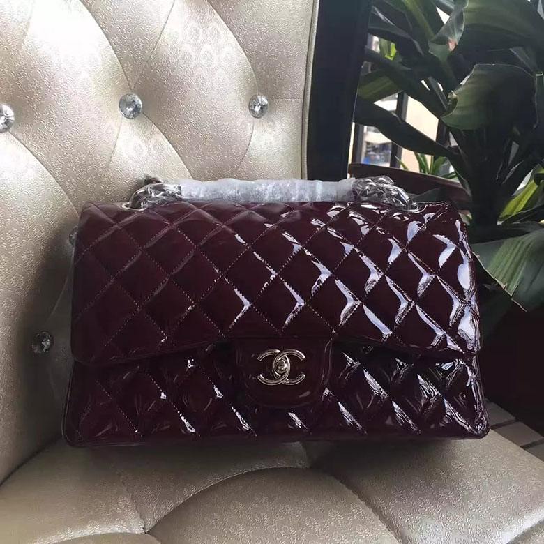 2017 Chanel Classic Flap Bag Original Burgundy Patent Leather 1113 Silver hardware