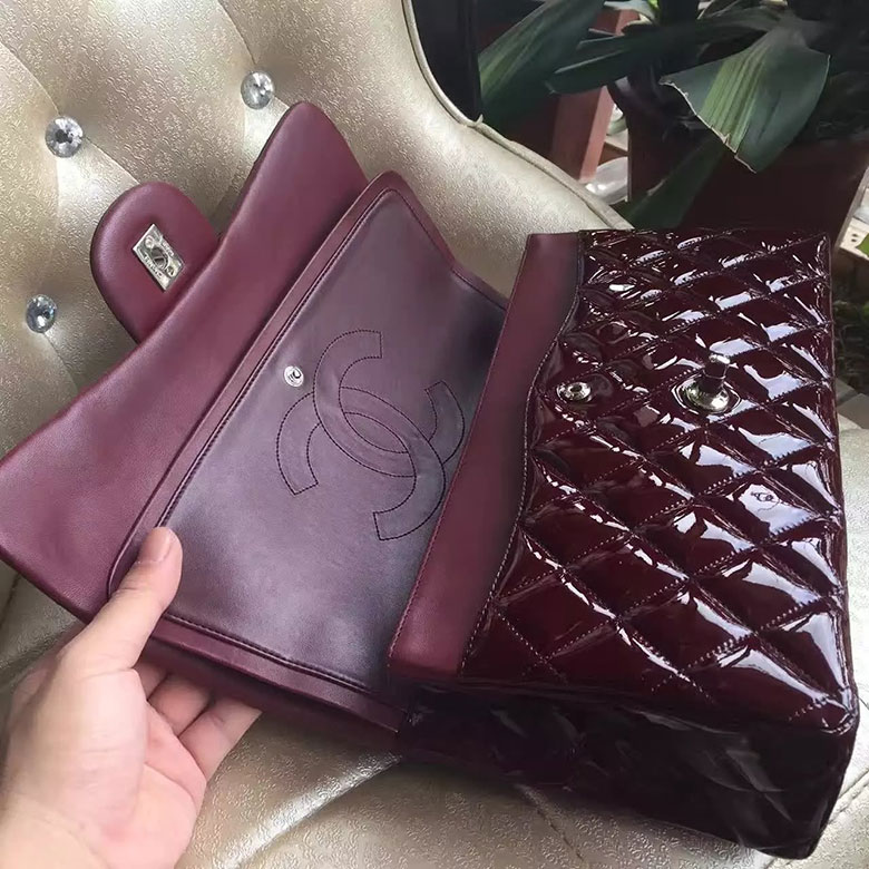 2017 Chanel Classic Flap Bag Original Burgundy Patent Leather 1113 Silver hardware