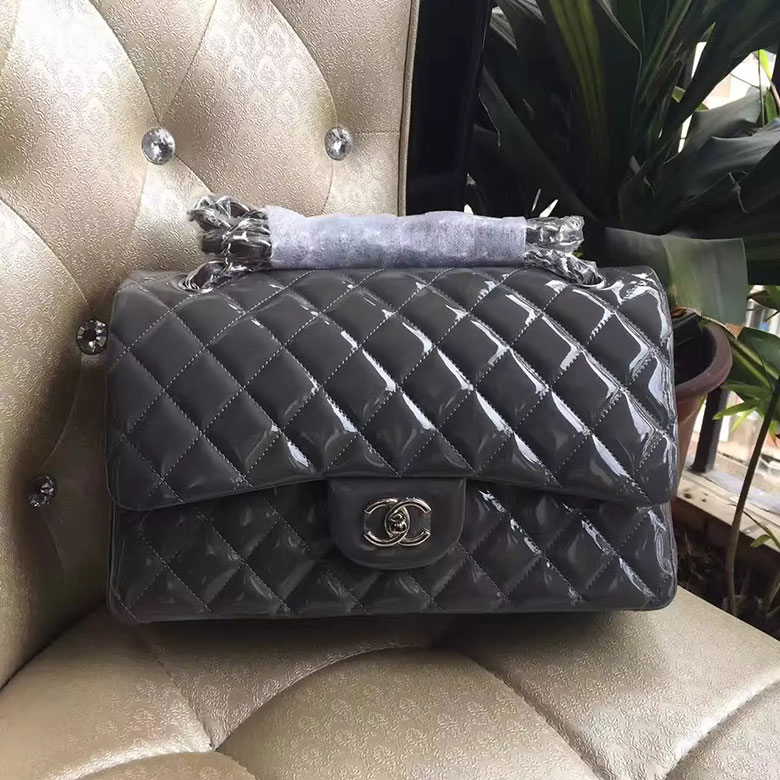 2017 Chanel Classic Flap Bag Original Grey Patent Leather 1113 Silver hardware