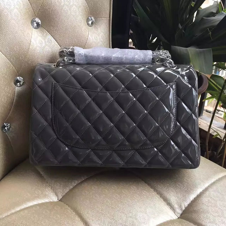 2017 Chanel Classic Flap Bag Original Grey Patent Leather 1113 Silver hardware