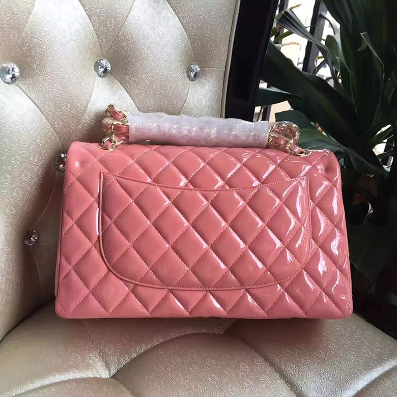 2017 Chanel Classic Flap Bag Original Pink Patent Leather 1113 Gold hardware