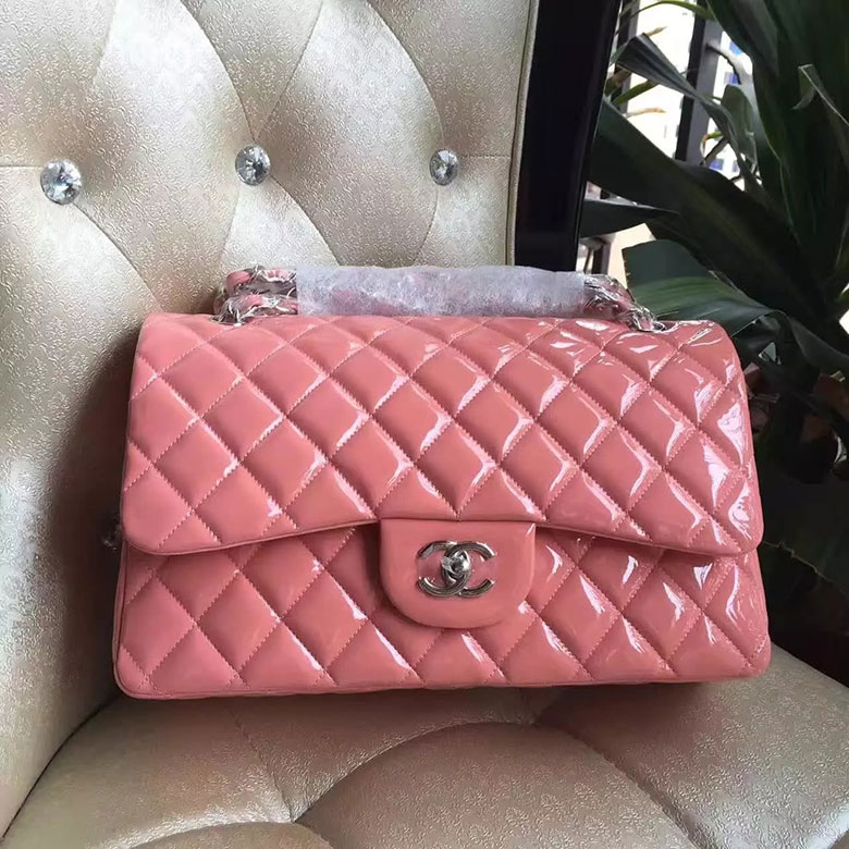 2017 Chanel Classic Flap Bag Original Pink Patent Leather 1113 Silver hardware