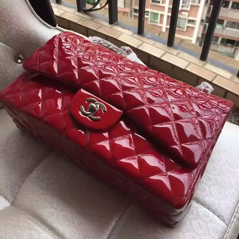 2017 Chanel Classic Flap Bag Original Red Patent Leather 1113 Silver hardware