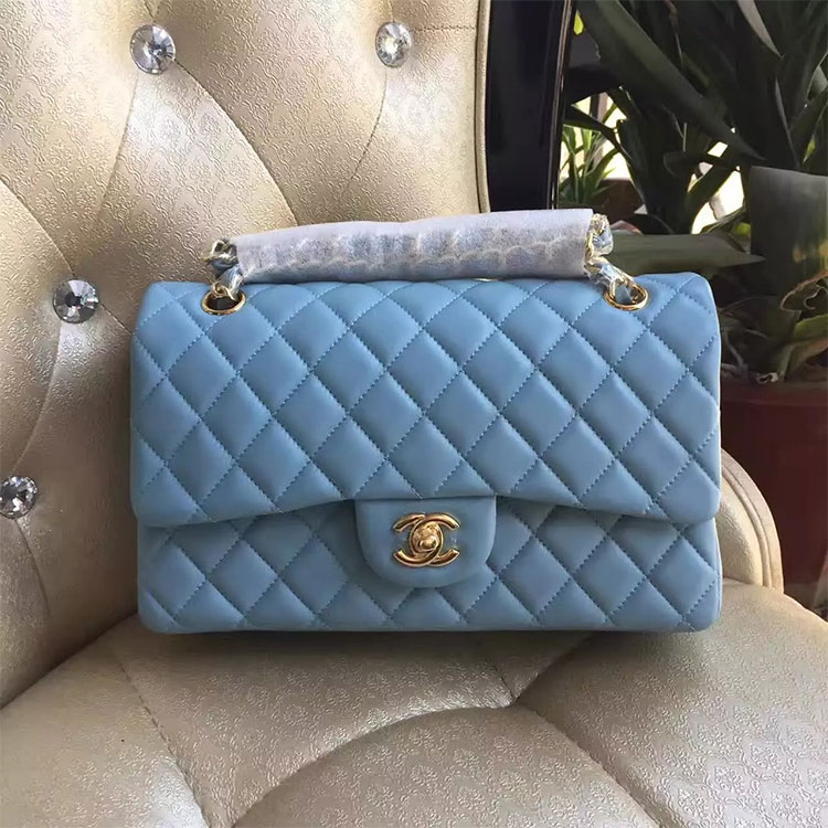 2017 Chanel Classic Flap Bag SkyBlue Original Sheepskin Leather 1112 Gold hardware