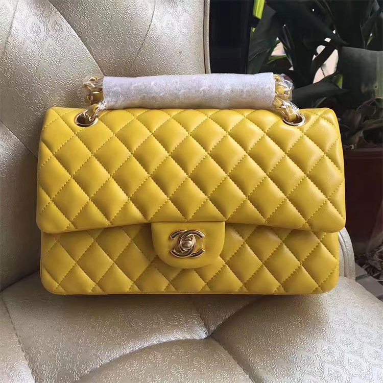 2017 Chanel Classic Flap Bag Yellow Original Sheepskin Leather 1112 Gold hardware