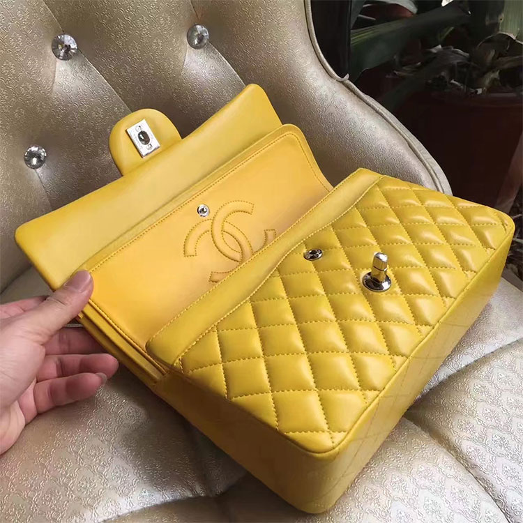 2017 Chanel Classic Flap Bag Yellow Original Sheepskin Leather 1112 Silver hardware