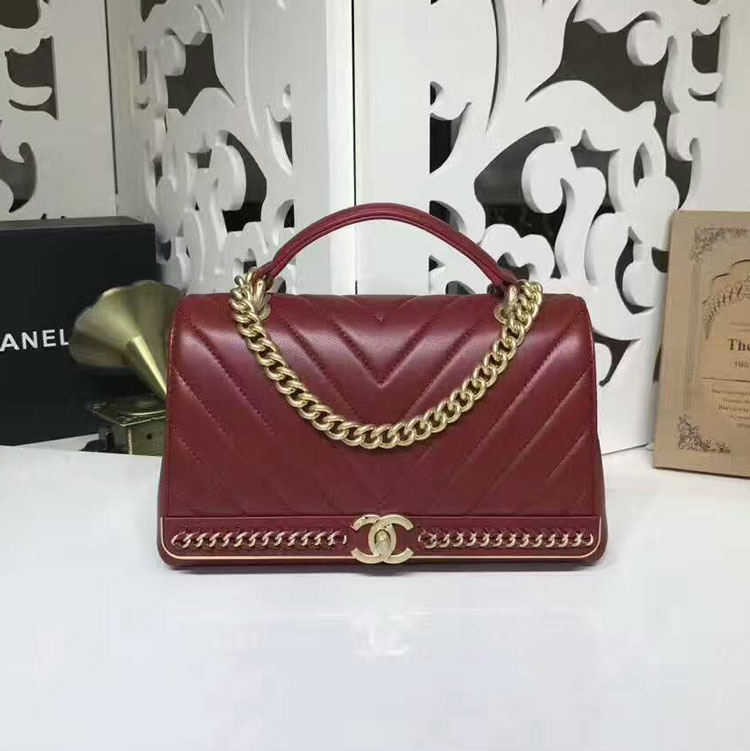 2017 Chanel Classic Top Handle Bag Original Sheepskin Leather A91845 Claret