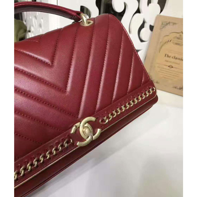 2017 Chanel Classic Top Handle Bag Original Sheepskin Leather A91845 Claret