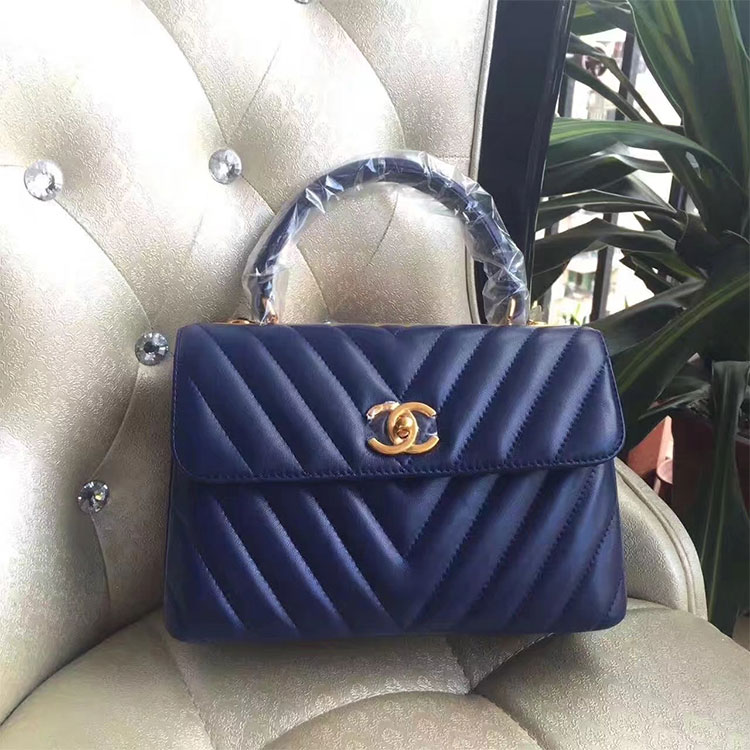 2017 Chanel Classic Top Handle Bag Original Sheepskin Leather A92236 Blue with Gold