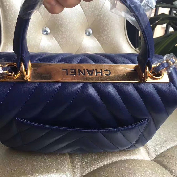 2017 Chanel Classic Top Handle Bag Original Sheepskin Leather A92236 Blue with Gold