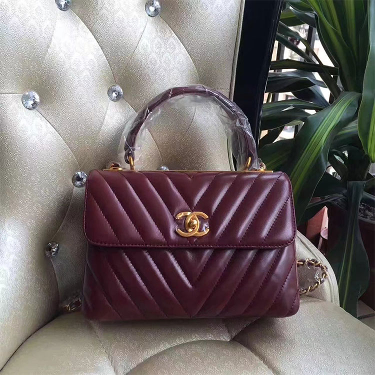 2017 Chanel Classic Top Handle Bag Original Sheepskin Leather A92236 Burgundy with Gold