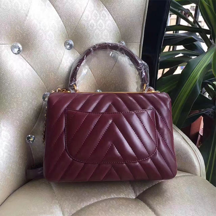 2017 Chanel Classic Top Handle Bag Original Sheepskin Leather A92236 Burgundy with Gold