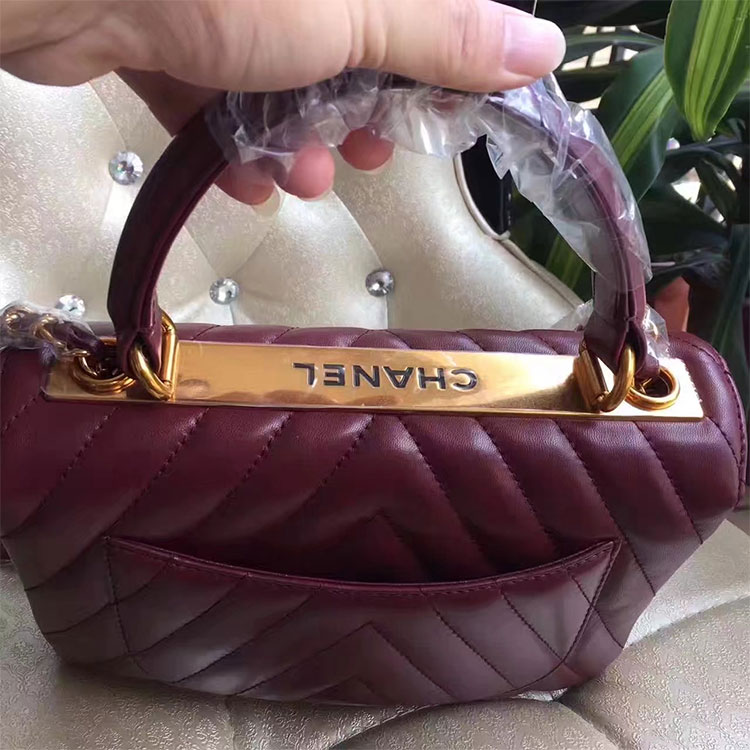 2017 Chanel Classic Top Handle Bag Original Sheepskin Leather A92236 Burgundy with Gold