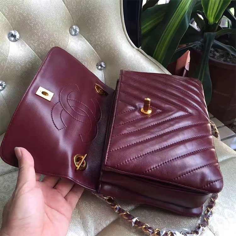 2017 Chanel Classic Top Handle Bag Original Sheepskin Leather A92236 Burgundy with Gold