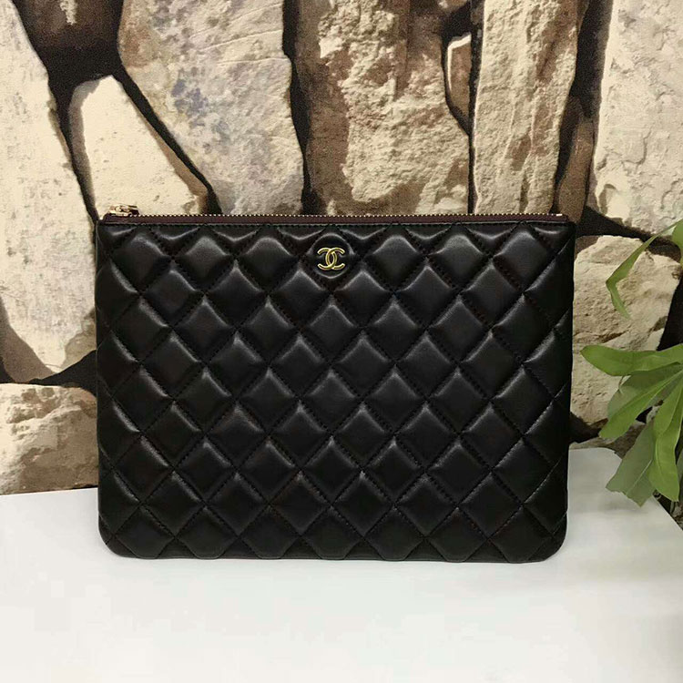 2017 Chanel Clutch Original Sheepskin Leather A84025 Black Gold