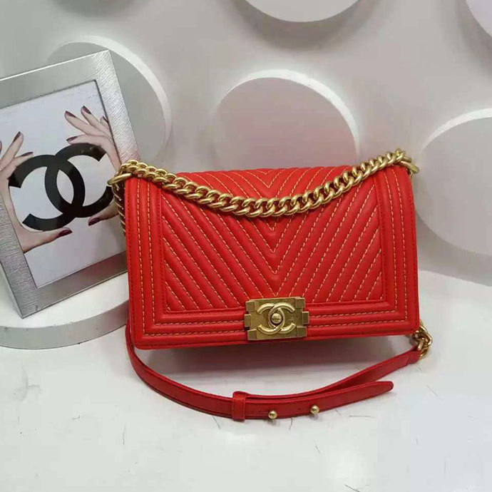 2017 Chanel Le Boy Flap Shoulder Bag A92493 Red with Gold hardware