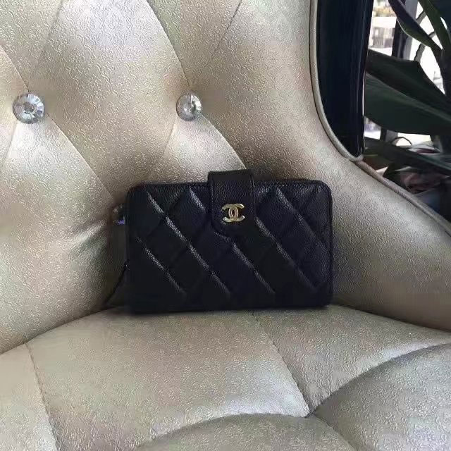 2017 Chanel Matelasse Bi-Fold Wallet Black Original Caviar A48667 Gold