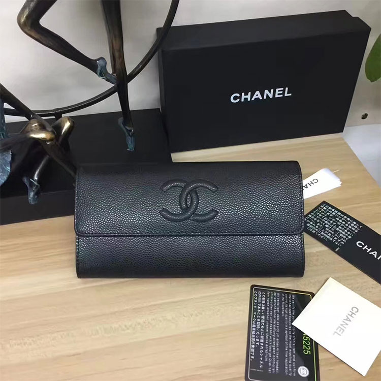 2017 Chanel Matelasse Bi-Fold Wallet Original Caviar Leather A50096 Black