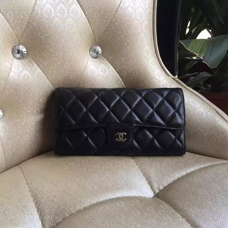 2017 Chanel Matelasse Bi-Fold Wallet Original Sheepskin leather A80758 Black