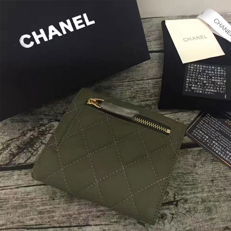 2017 Chanel Matelasse Tri-Fold Wallet Original Calfskin Leather A82288 Olive Green