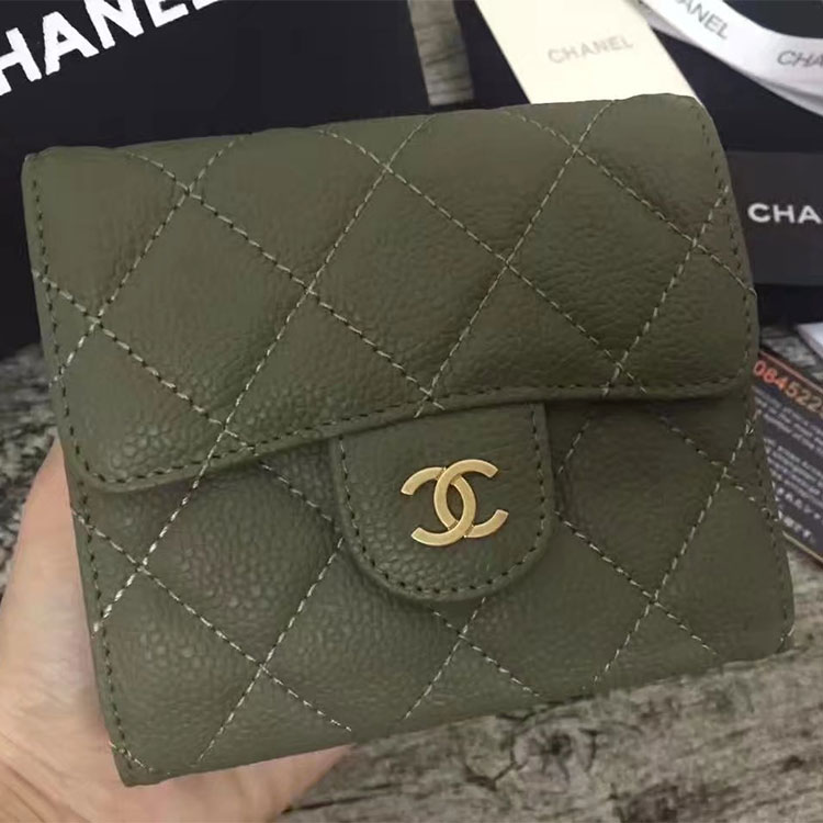 2017 Chanel Matelasse Tri-Fold Wallet Original Calfskin Leather A82288 Olive Green