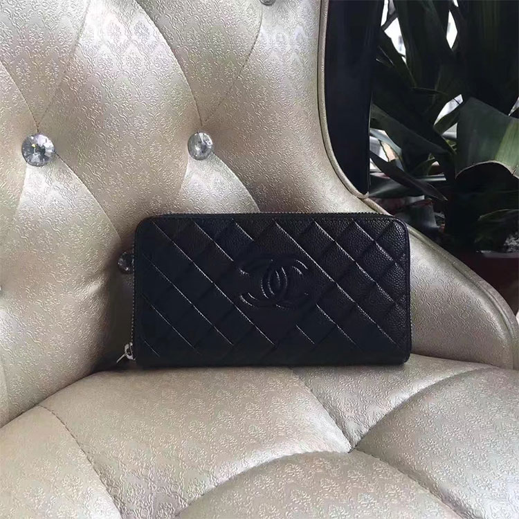 2017 Chanel Matelasse Zip Around Wallet Black Original Caviar leather A80695 Silver