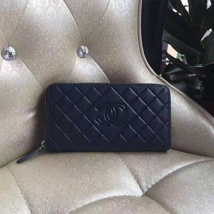 2017 Chanel Matelasse Zip Around Wallet Blue Original Caviar leather A80695 Silver