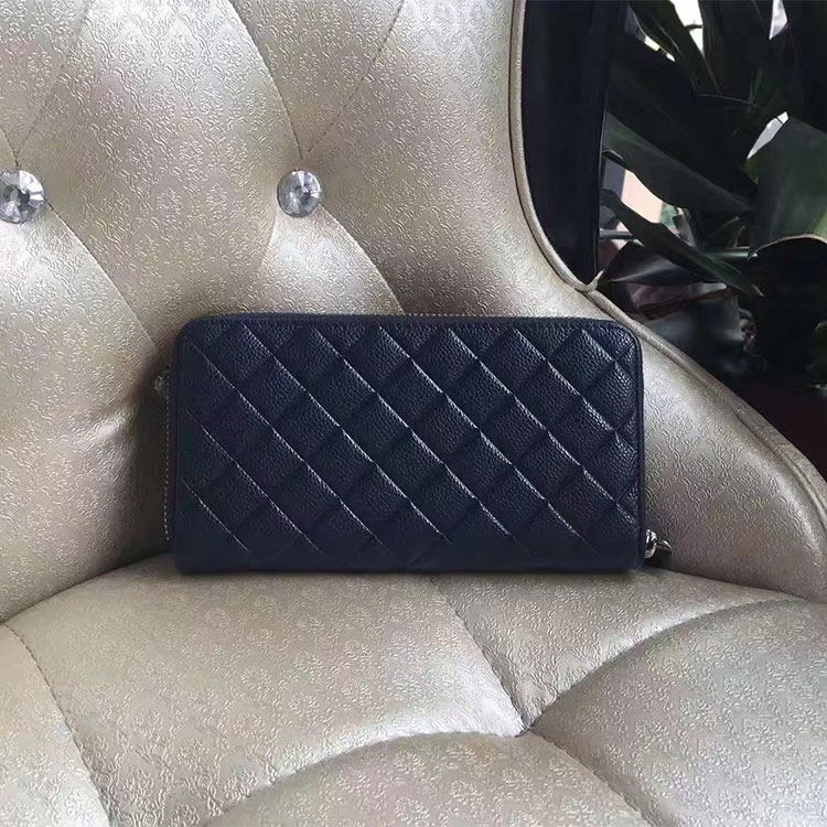 2017 Chanel Matelasse Zip Around Wallet Blue Original Caviar leather A80695 Silver