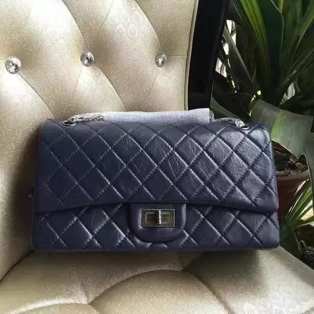 2017 Chanel Original Blue Glazed Crackled Leather Classic Flap Bag A227 Silver