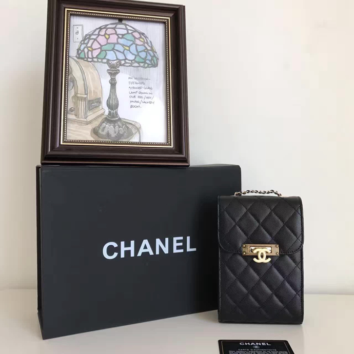 2017 Chanel Phone bag Black Original Caviar leather A79302 Bronze