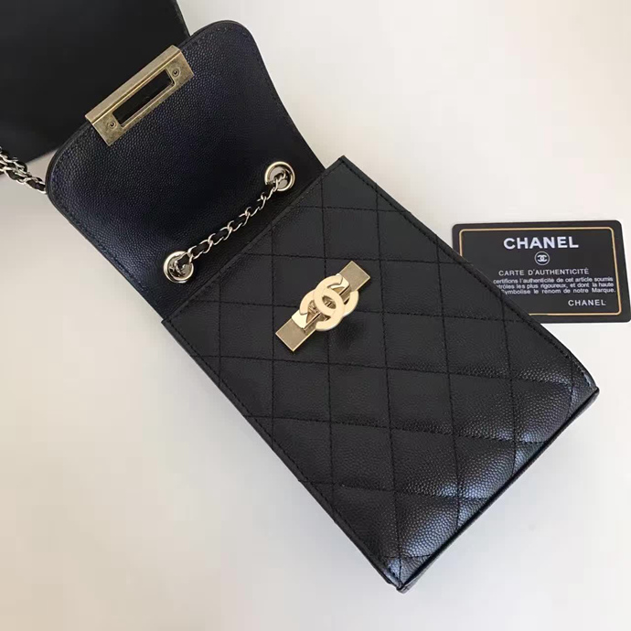 2017 Chanel Phone bag Black Original Caviar leather A79302 Bronze